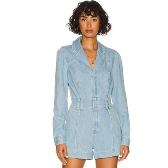 PAIGE Meg Puff Long Sleeve Fitted Short Romper Jumper Songbird Denim Blue Size 4 - Picture 7 of 12